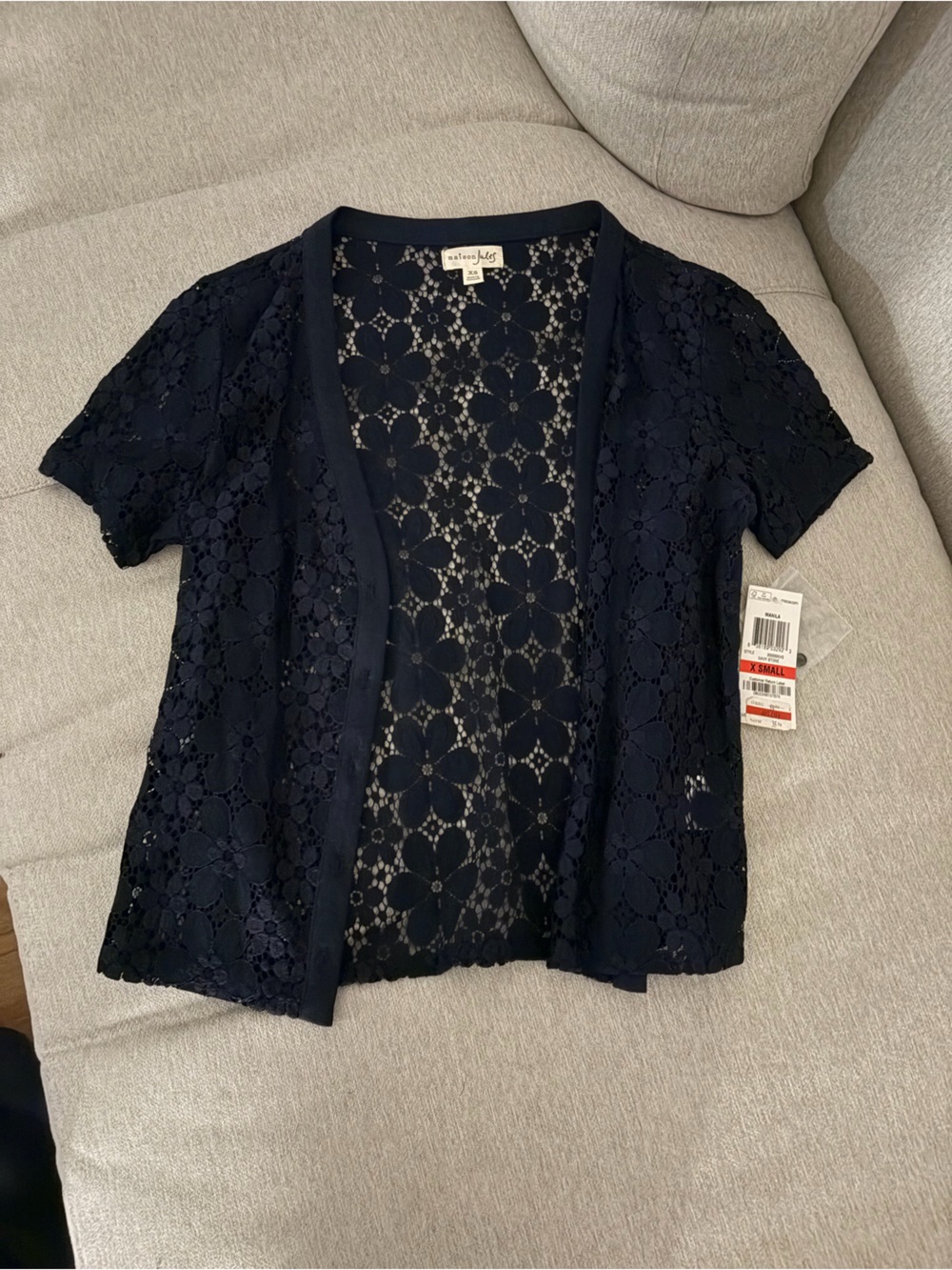 Maison Jules Navy Floral Lace Open-Front Short Sleeve Tunic